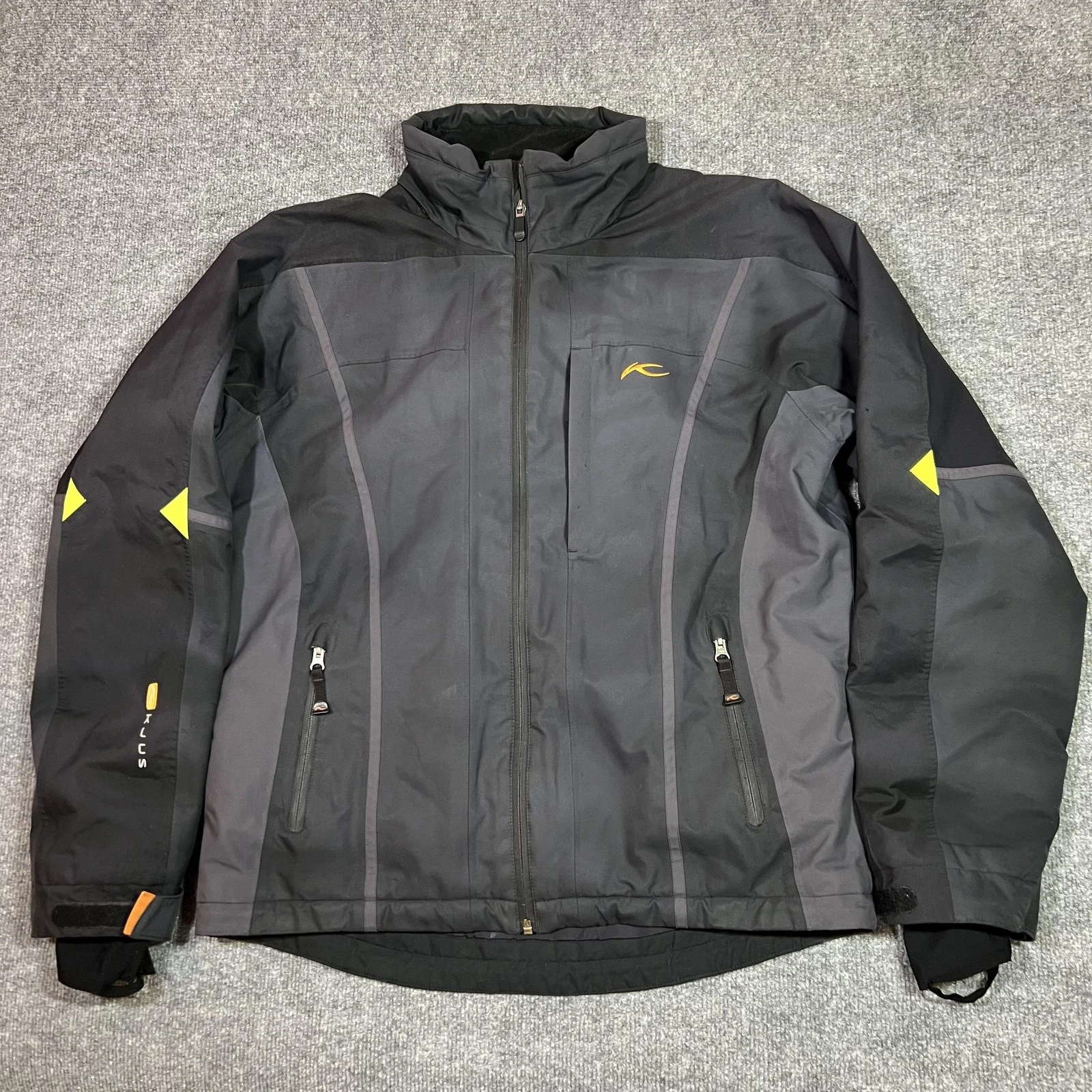 KJUS Ski Jacket Mens Large Gray Black Thinsulate Insulated Storm Hood Snow