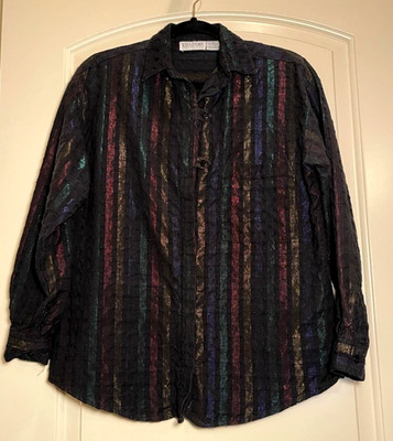 Khazana Black Vintage Womens Black button down, metallic thread stripes, S