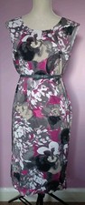COUNTRY CASUALS sleeveless dress, UK 12, grey/cerise/white, belted, lined VGC!