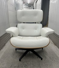 Eames Style White Leather Lounge Armchair & Footstool - Excellent Condition