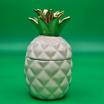 Elegant Trinket Pineapple Jar White Textured Ceramic Metallic Gold Top [67]