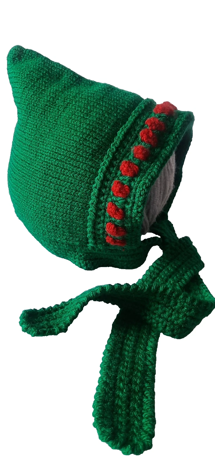 Hand Knitted Baby Bonnet 0-3Months to 36 Months Green Hat Straps Boys Girls Gift