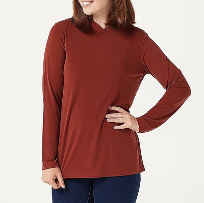 Susan Graver Size 1X Terracotta Every Day Liquid Knit Twist Mock-Neck Tunic