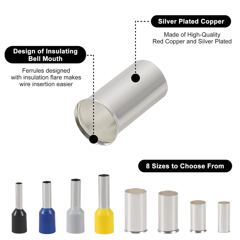 Wire Ferrules Kits Silver Plated Copper Crimp Terminal Connector 8 Sizes AWG (1/ - Image 3 of 4