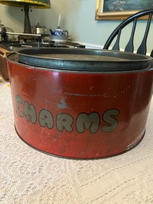 VERY RARE 1920's VINTAGE WONDERFUL CHARMS  HARD CANDIES 10.5'' ROUND TIN