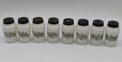 8 Vtg Hazel Atlas Beehive Milk Glass Scroll Spice Jars Shakers Canisters