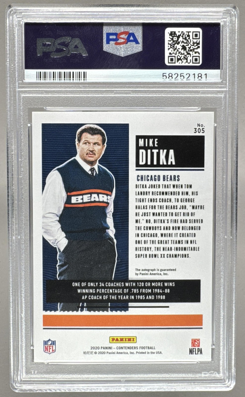 2181 Mike Ditka 2020 Panini Contenders #305 Gold Coaches Ticket Auto /10 PSA 10 view 2