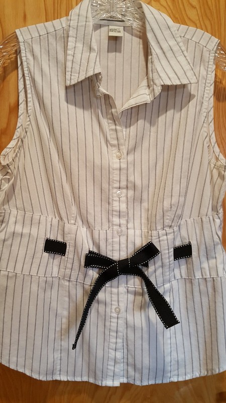 Cambridge Dry Goods White/Black Pinstripe Button Down Ribbon Tie Sleeveles Shirt