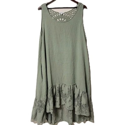 Cristina Vergani Italy XL Sage Dress Pockets Boho Crochet Lace Lagenlook Flowy