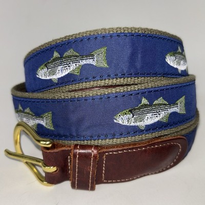 PRESTON New England Belt Men s Sz 46 Bass Fish Blue Brown Leather Nautical Ocean