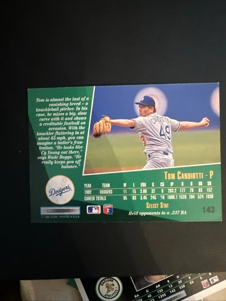Бейсбольная карточка 1992 SCORE SELECT TOM CANDIOTTI NO143 LA Dodgers MLB - Изображение 3 из 4