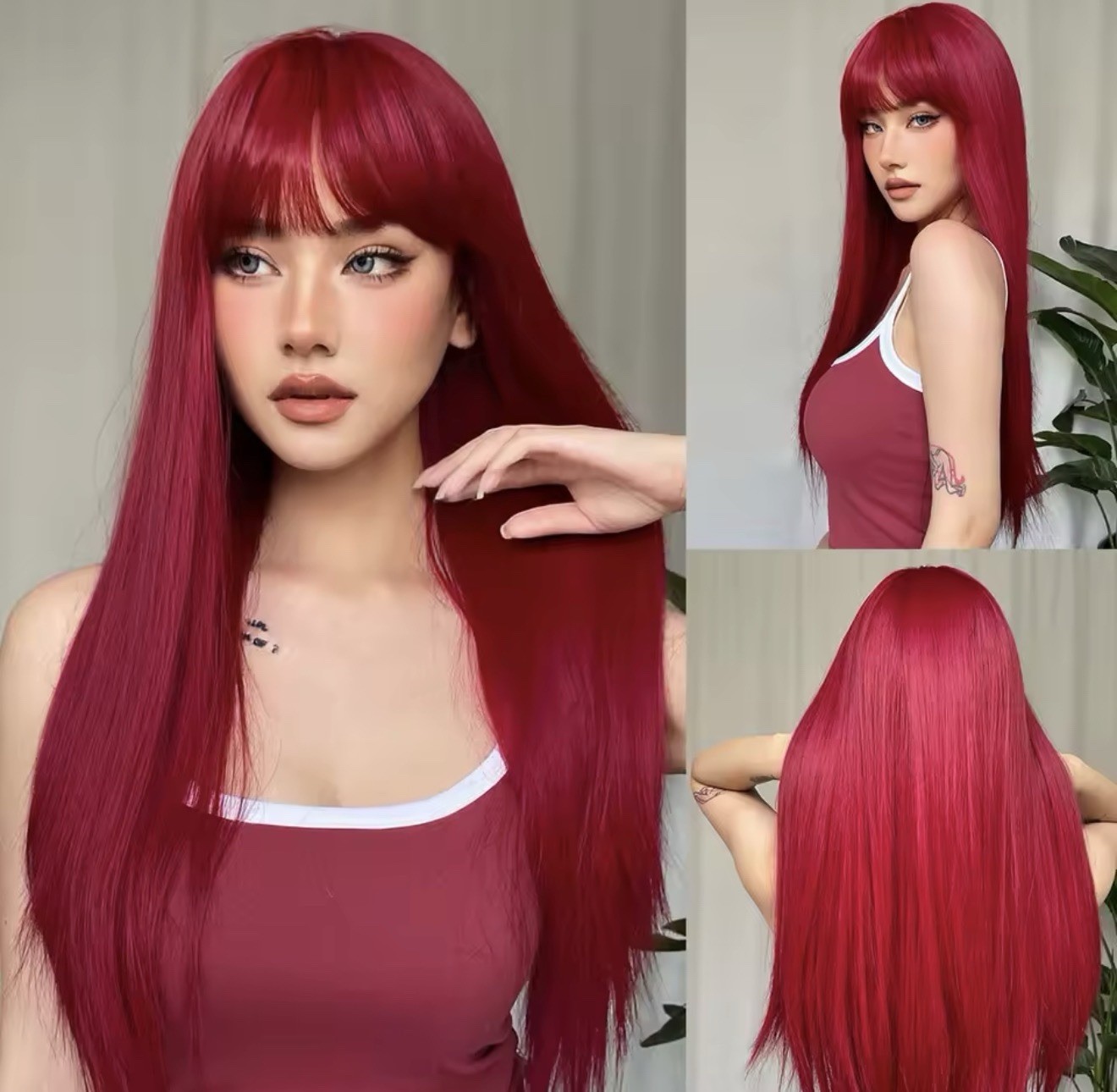 Perruque rouge foncé longue de 60cm avec frange pour femme