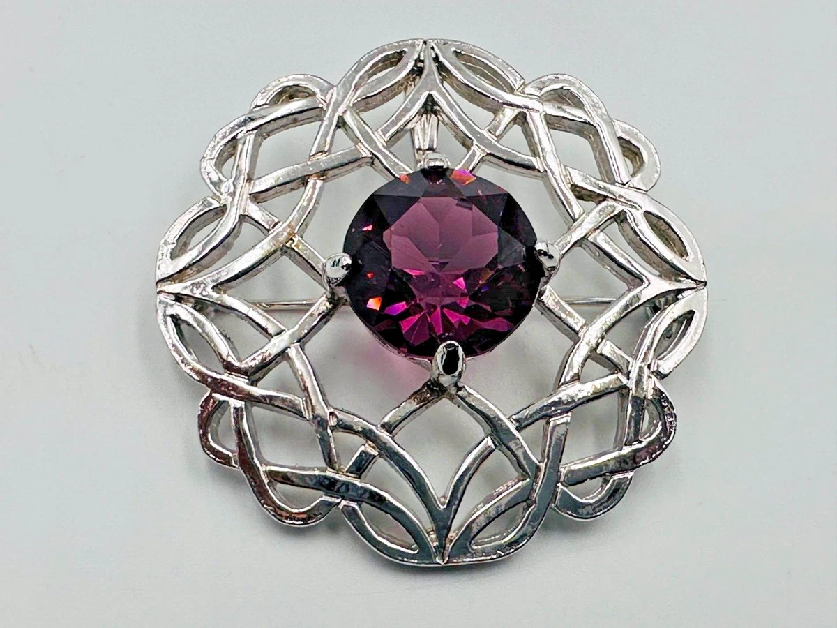 Vintage Scotland Silver Tone Kilt Brooch with Amethyst Glass Stone