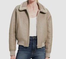 $2496 Theory Women's Beige Reversible Leather Shearling Bomber Jacket Size M