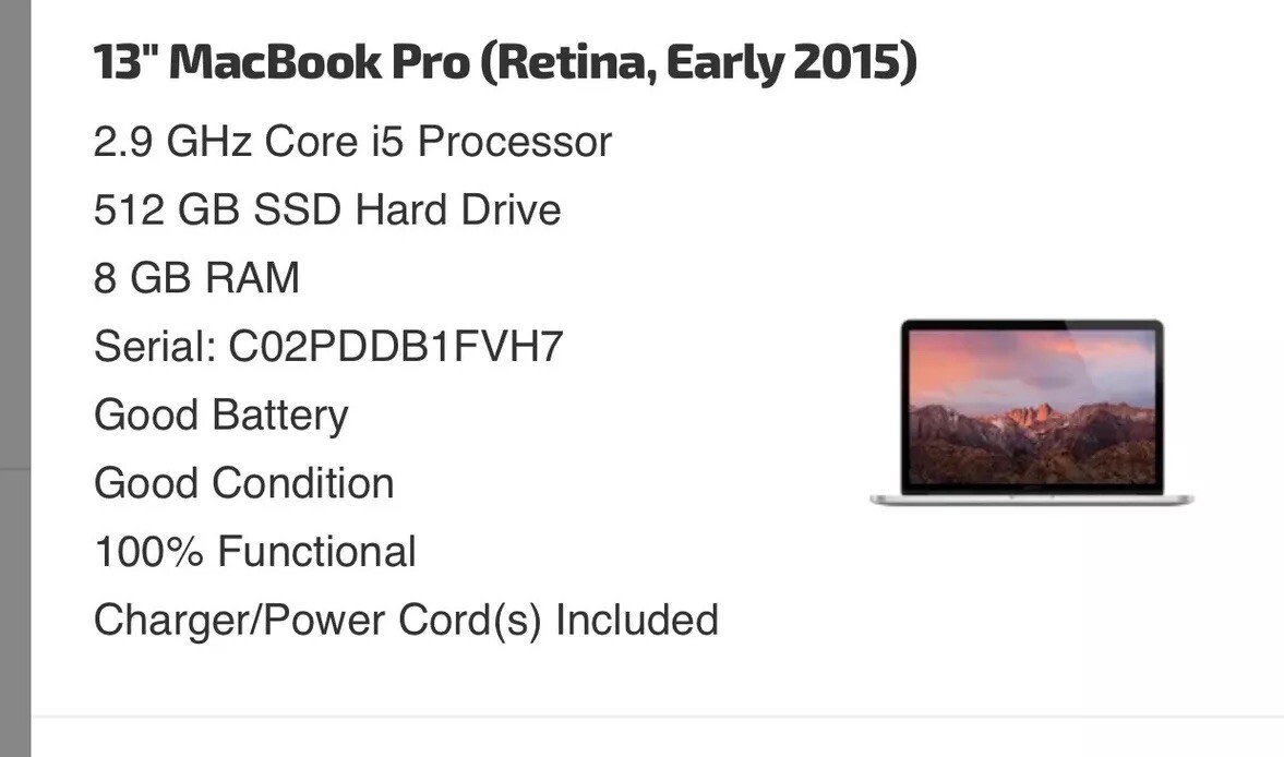 MacBook Pro 13 Retina Early 2015 2.9 GHz Intel Core i5 8GB 512GB Very Good Cond.-image