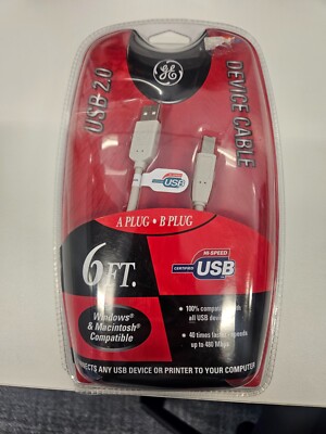 GE USB 2.0 Device Cable H097891, 6-Ft A Plug to B Plug, Brand New