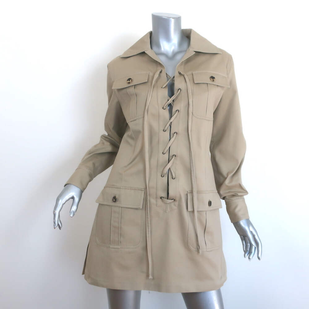 Abito Saint Laurent Saharienne Safari beige gabardine taglia 40 manica lunga mini