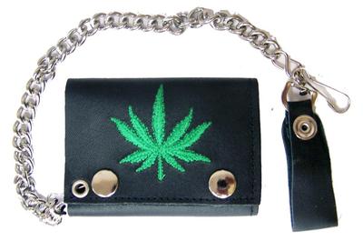 EMBROIDERED GREEN MARIJUANA LEAF TRI FOLD BIKER WALLET With CHAIN ...
