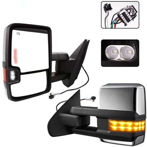 Towing Mirrors For 07-14 Chevy GMC Chrome Side Power Heated Led Signal Pair Set