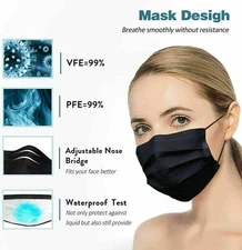50/100.. Black Disposable Medical Face Mask 3-Layer C.E Approval FFP2 U.S Seller