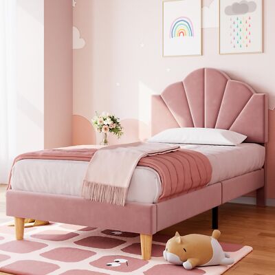 Velvet Upholstered Twin Size Bed Frame with Headboard Wooden Platform for Kids