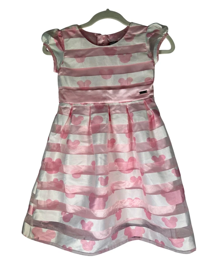Disney Minnie Mouse Girls Pink & White Dress 7-8 Yrs Satin Striped Party Casual - Image 4 of 4