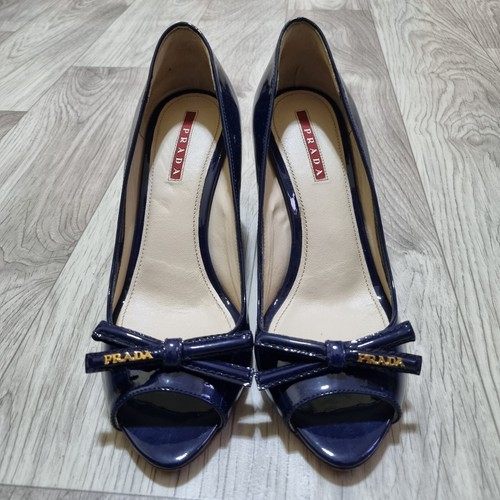 Prada hochhackige Damen-Pumps marineblau Schleife zehenfrei Keilabsatz Vintage Kalzatur Donna 7 US - Bild 9 von 15
