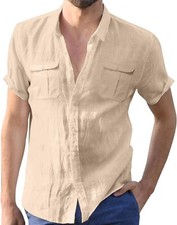 Mens Linen Short Sleeve Shirts Beach Cotton Summer Casual Tops