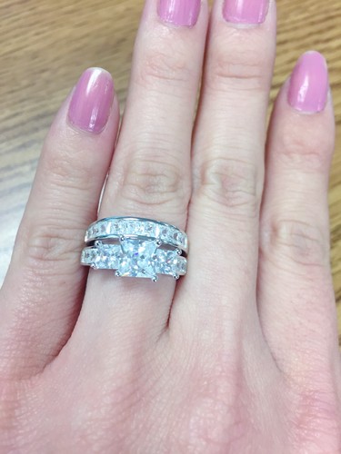Hers Bridal Sterling Silver His Stainless Steel Engagement Wedding Ring Band Set - Picture 7 of 10