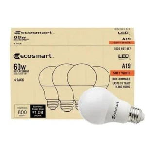 EcoSmart 60-Watt Equivalent A19 Non-Dimmable LED Light Bulb Soft White (4-Pack)
