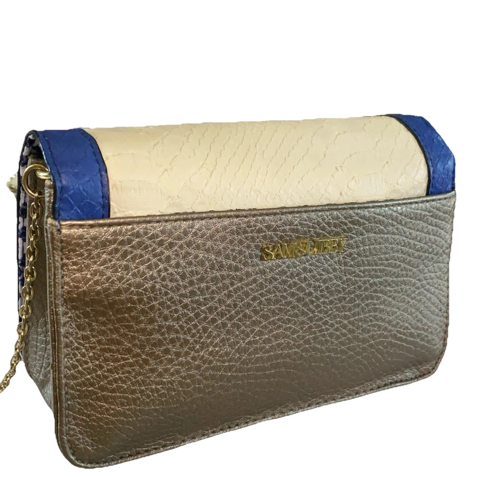 Sam & Libby Vegan Leather Color Block Chain Strap Crossbody Blue & Cream Evening - Image 3 of 4