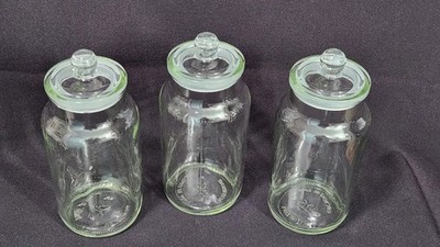 3 Vint Ravenhead Apothecary Drugstore Medical Clear Glass Jars w/Ground Lid/Neck