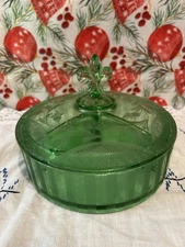 Vintage Uranium Glass Green Divided Candy Dish w Lid Etched Vaseline Glow