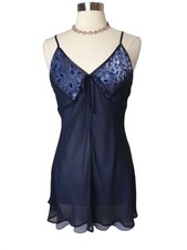 Halston Womens XL Chemise Nightgown Navy Blue Babydoll Sheer Velvet Lingerie