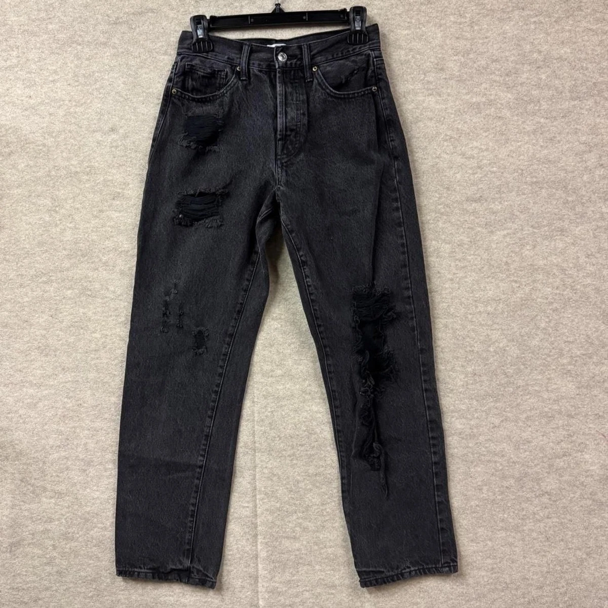 Pantalones de mezclilla negros lavados Forever 21 tiro alto desgastados pierna recta talla 26