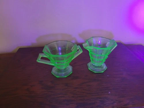 Green Tearoom Depression Glass Creamer and Sugar. Fluorescent.