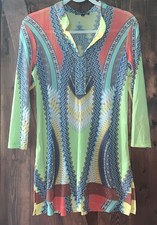 Boho Chic Midi Dress L  V Neck Grooving Preppy Vibrant Colors Long Sleeve EUC