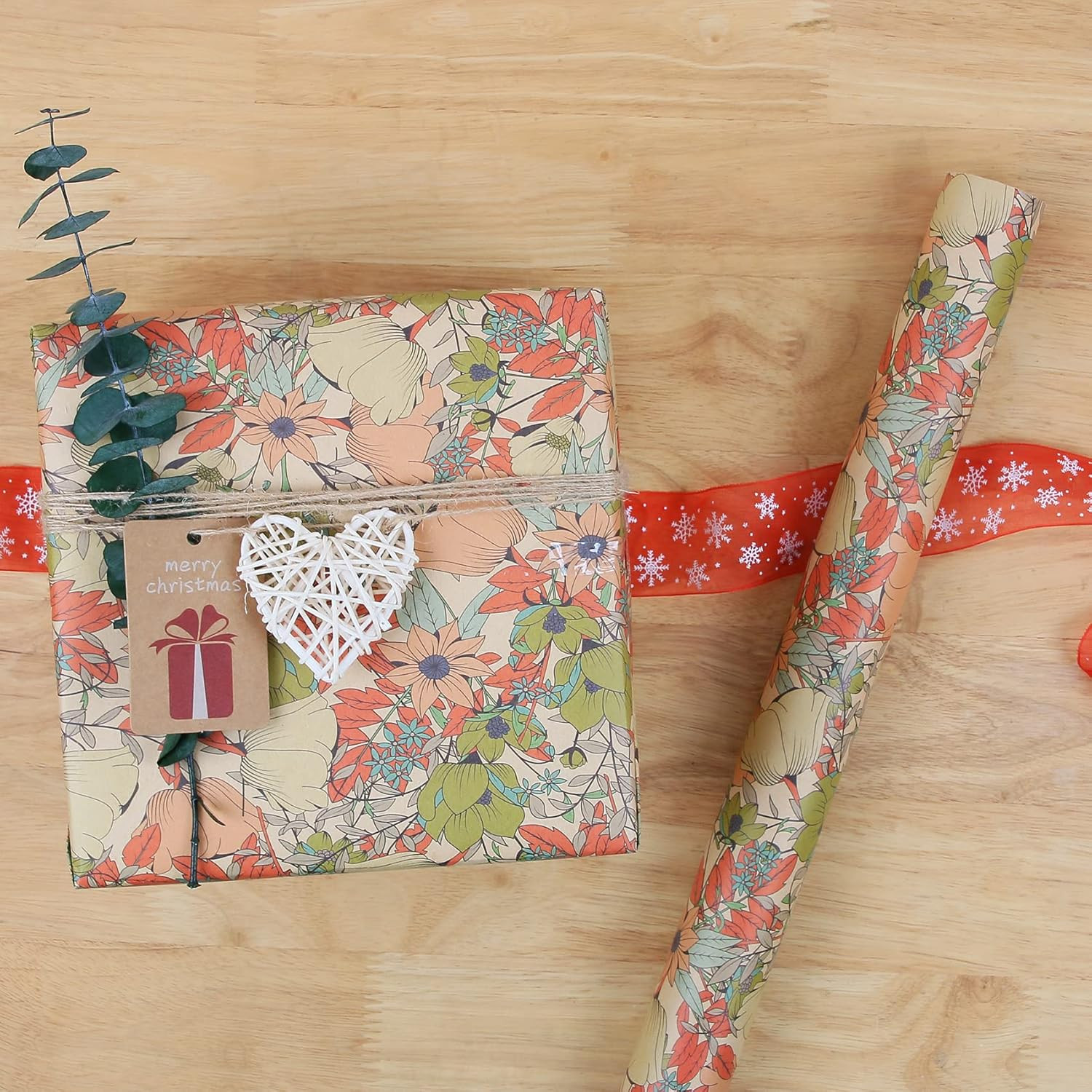 Kraft Floral Wrapping Paper Jumbo Roll, All Occasion Flower Gift Wrap Paper for 