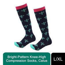 Multicoloured Knee-High Compression Socks L/XL, 80% Nylon, Bright Cactus Design
