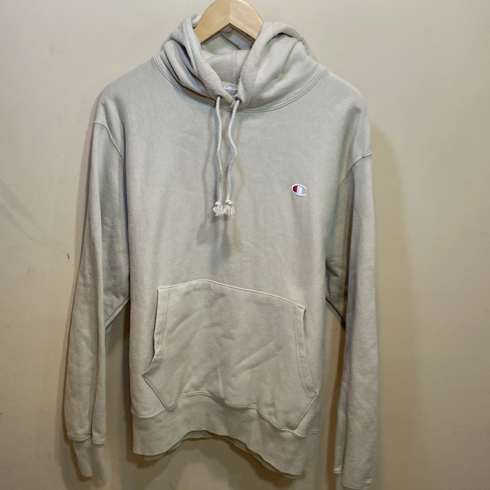 Champion Reverse Weave Hoodie Sweatshirt Mens L Beige Blank Pullover Vintage A14