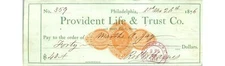 1876 Provident Life & Trust Check Phila PA Banking Document, 4th Street