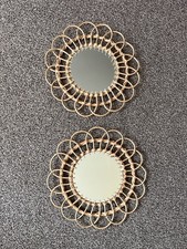2 x Natural Round Flower Shaped Boho Rattan Wicker Decorative Wall Mirror Bundle
