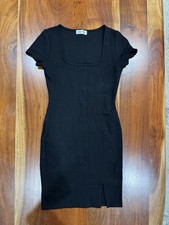 Popular 21 Black Bodycon Knee Length Dress Square Neck Slit Stretch Size S