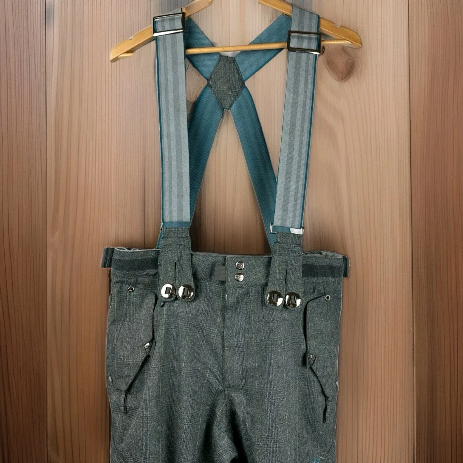 686 Gray Plaid Cargo Logo Ski Pants With Suspenders Men Size L