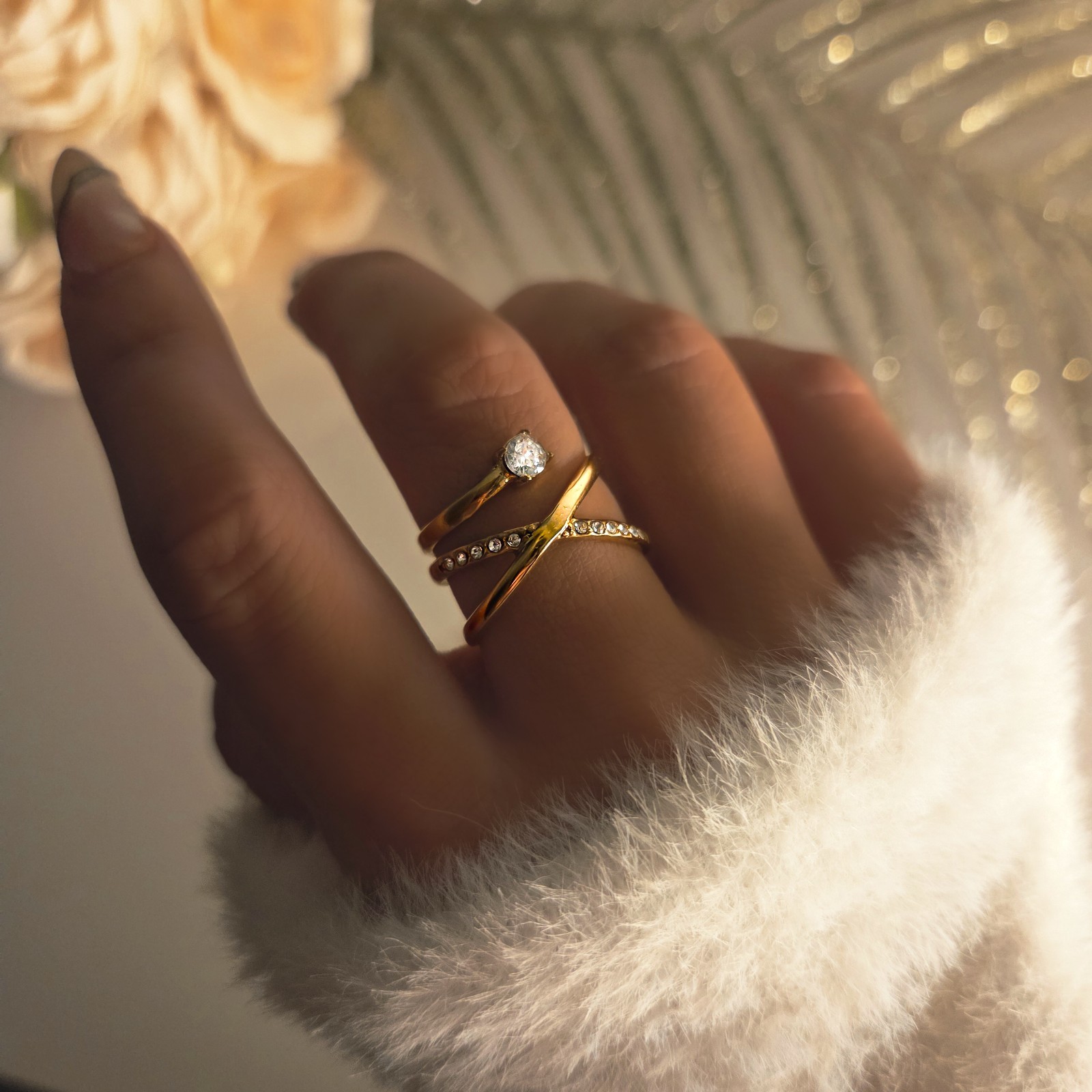 Bague dorée multi-rangs en acier inoxydable avec strass taille 54