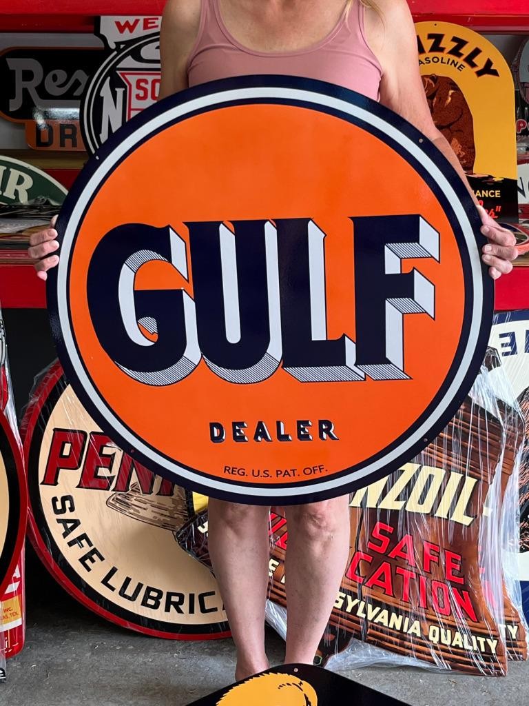 Gulf vintage sign ガレージ、店舗に！USAヴィンテージサイン Vintage Old Style Sign Gulf Dealer Gasoline NOT Porcelain