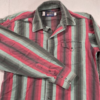 Vintage USA Panhandle Men 16.5-35 Pearl Snap Western Shirt Red Blue Retro Rodeo