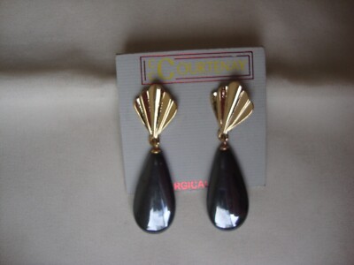 VINTAGE HEMATITE SEMI-PRECIOUS GEMSTONE TEARDROP DANGLE GOLD TONE STUD EARRINGS