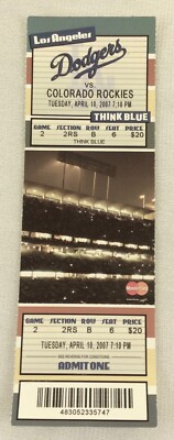 MLB 2007 04/10 Colorado Rockies at LA Dodgers Full Ticket-Joe Beimel WP