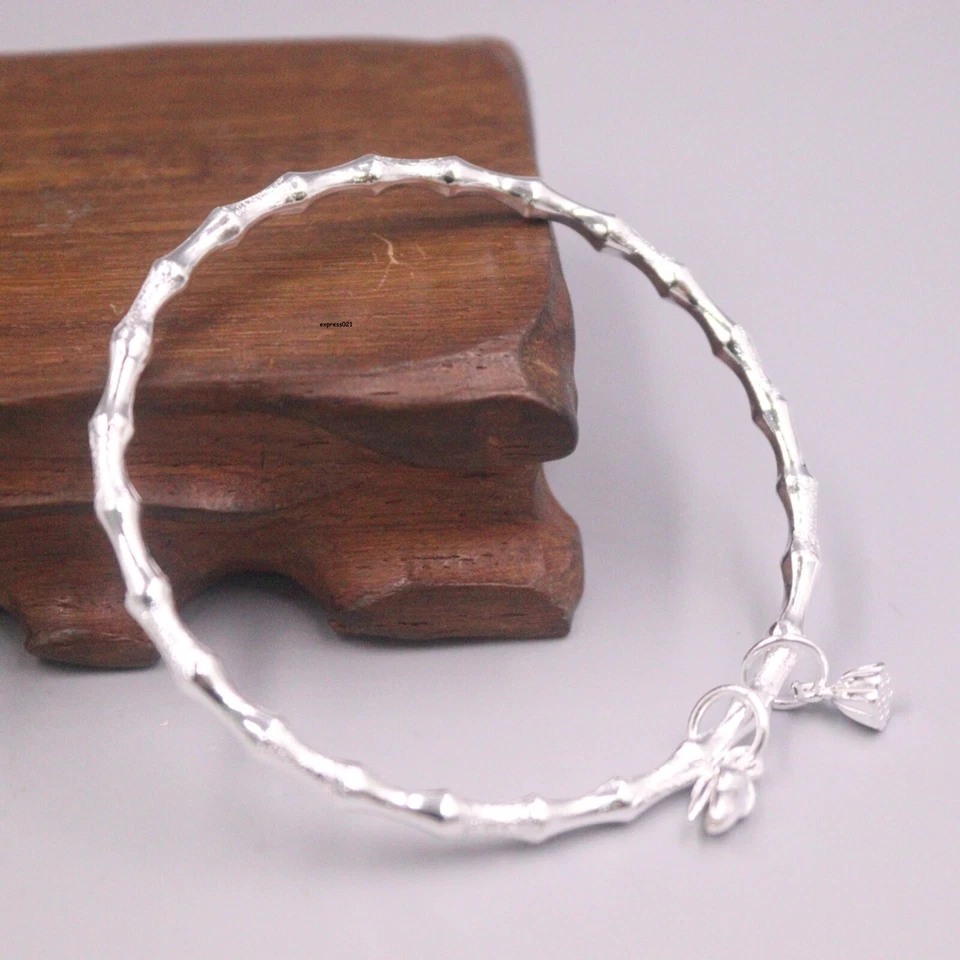 Brazalete de plata fina pura 999 para mujer Lucky brillante mate bambú pulsera de loto Foto 2 de 4